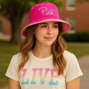 Victorias Secret PINK Bucket Hat Reversible Embroidered Logo Striped Sporty Chic